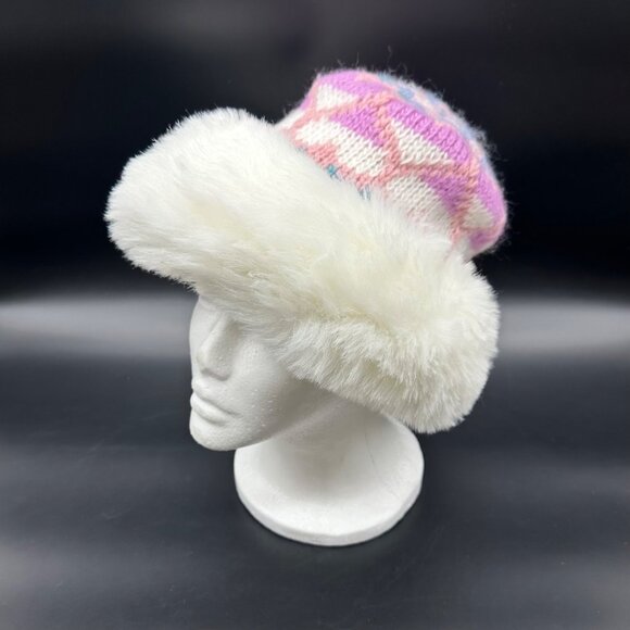 Vintage Knit Hat Winter Pink Purple White 80s Notice USA Faux Fur Trimmed Beanie - Picture 1 of 11